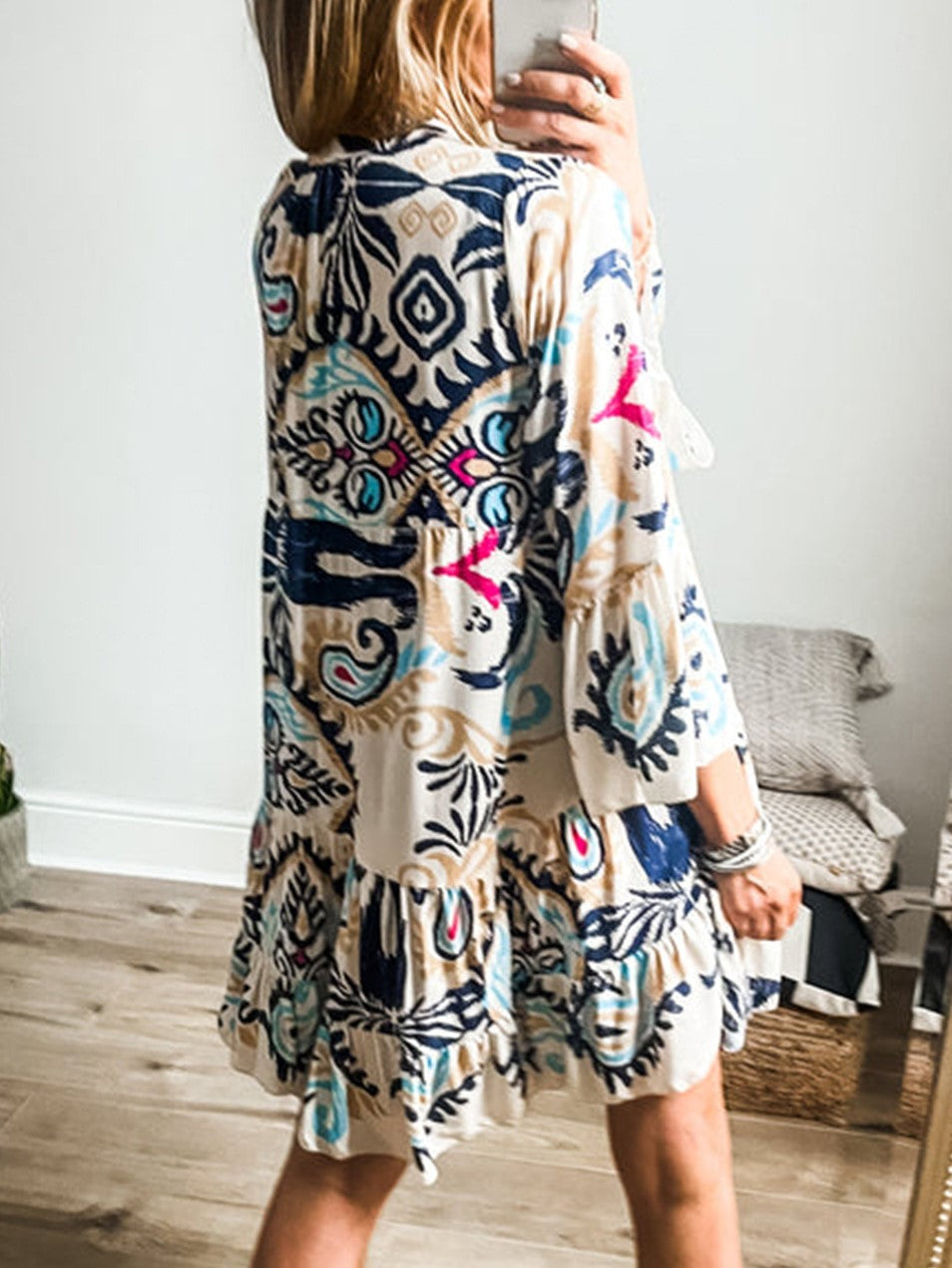 Abstract Print Tiered Boho Midi Dress - White - 4