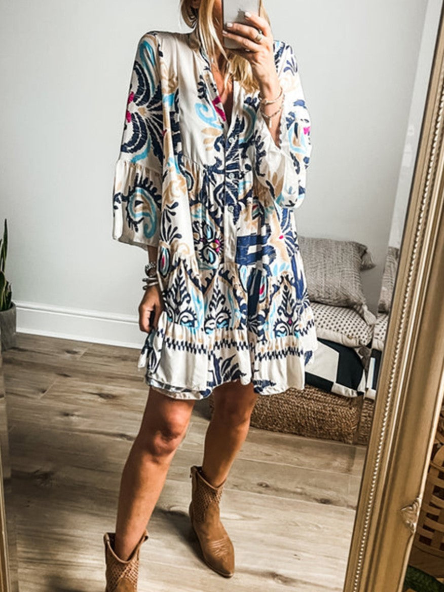 Abstract Print Tiered Boho Midi Dress - White - 5