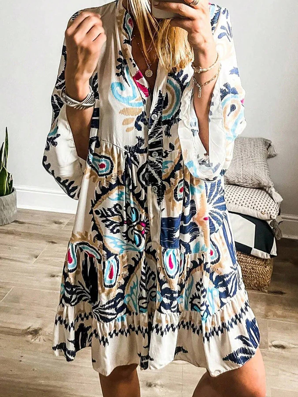 Abstract Print Tiered Boho Midi Dress