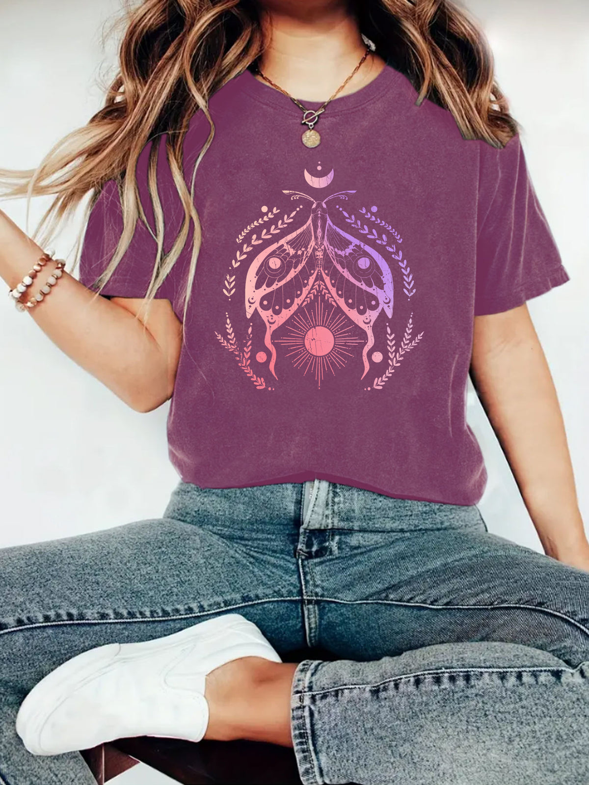 Moth and Moon Phase Graphic Tee - Berry