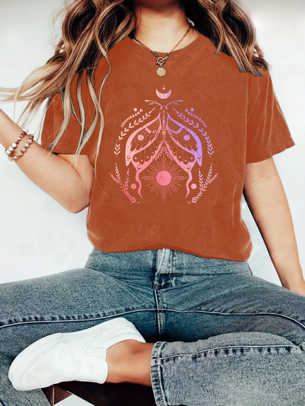 Moth and Moon Phase Graphic Tee - Rust
