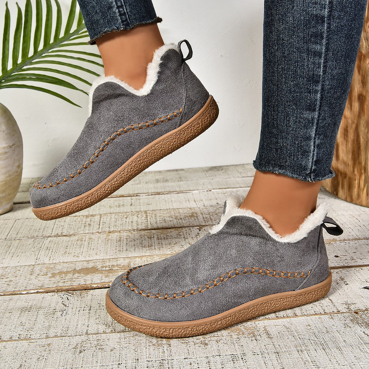 Cozy Plush Lined Moccasin Slippers - Gray