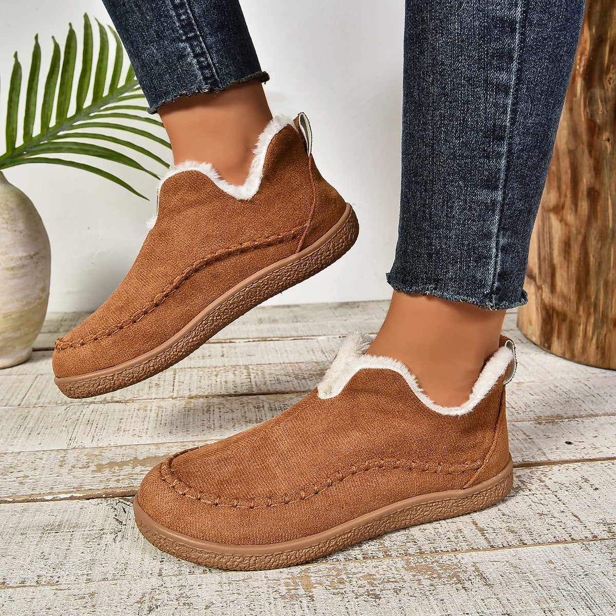 Cozy Plush Lined Moccasin Slippers - Tan
