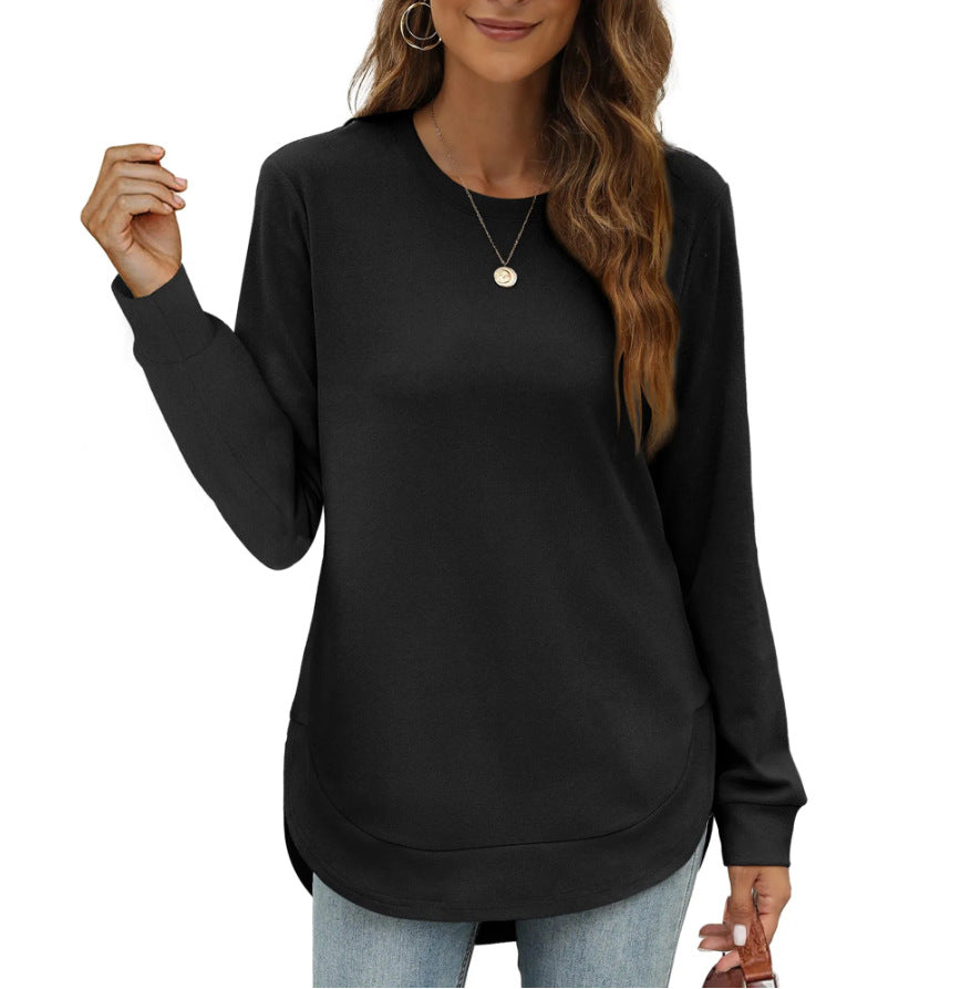 Long Sleeve Curved Hem Tunic Top - Black