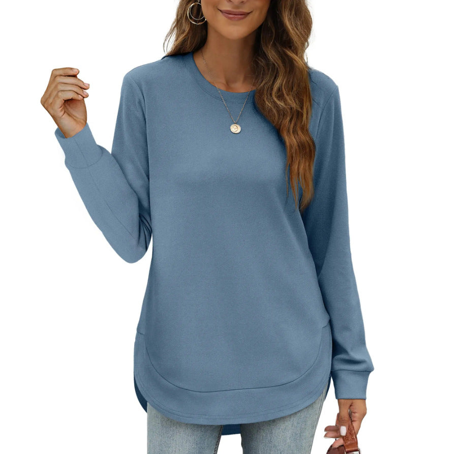 Long Sleeve Curved Hem Tunic Top - Blue