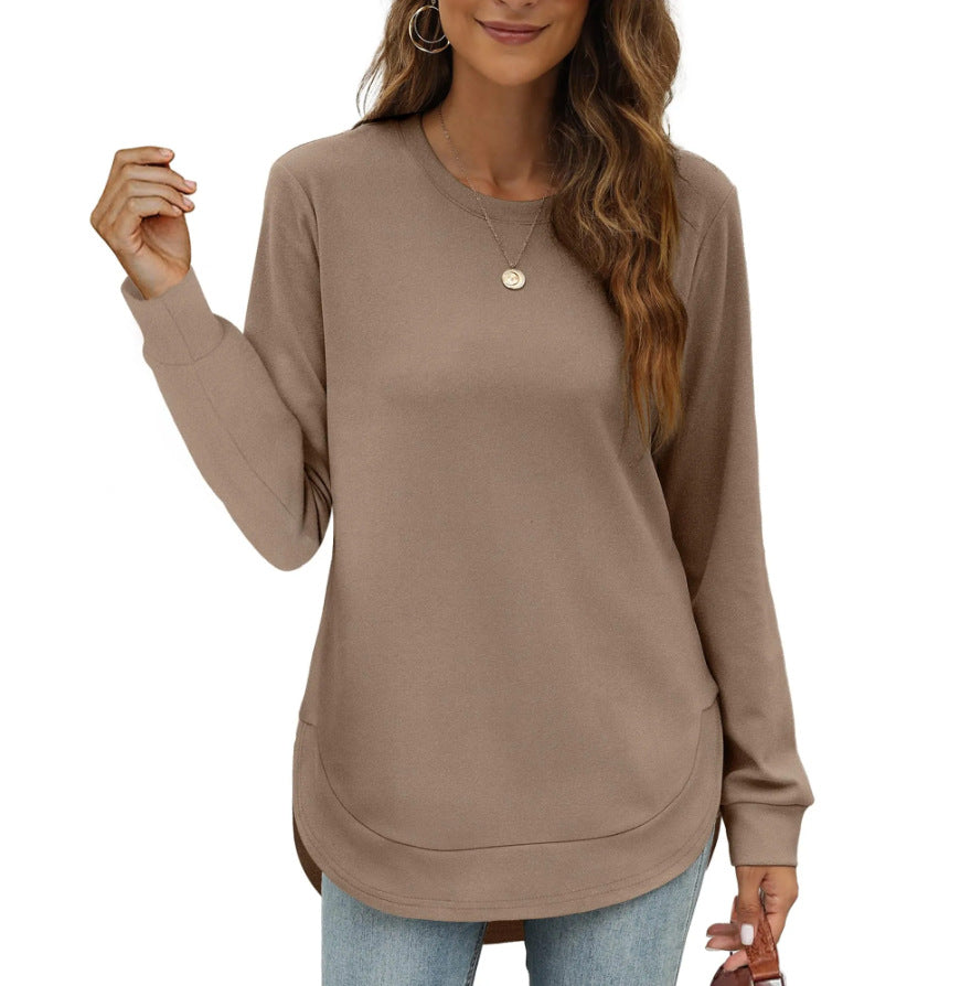 Long Sleeve Curved Hem Tunic Top - Brown