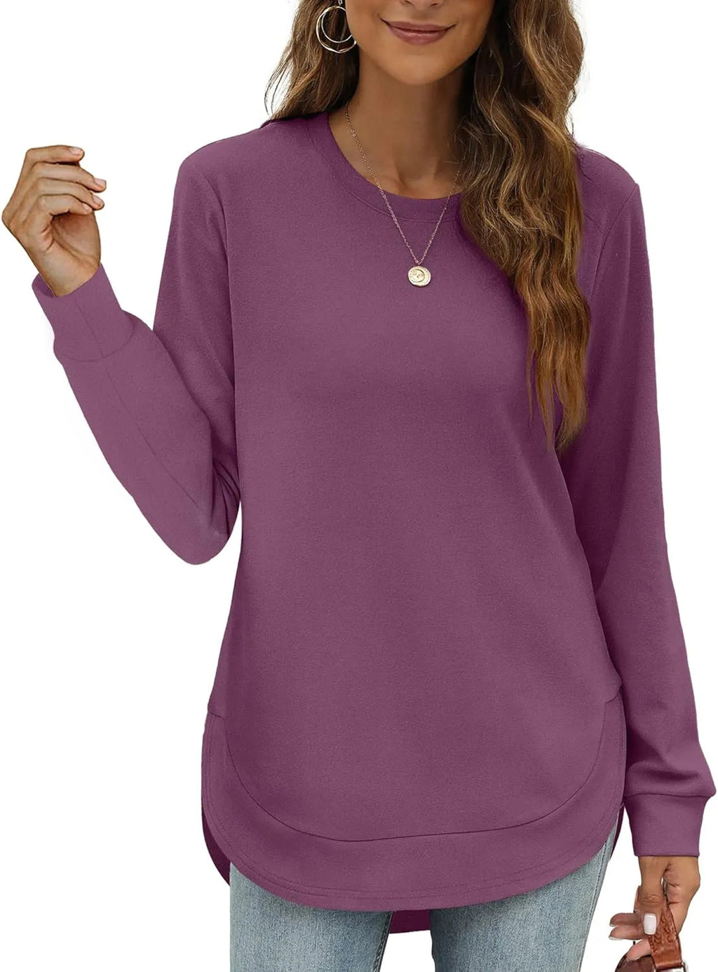 Long Sleeve Curved Hem Tunic Top - Deep_Purple