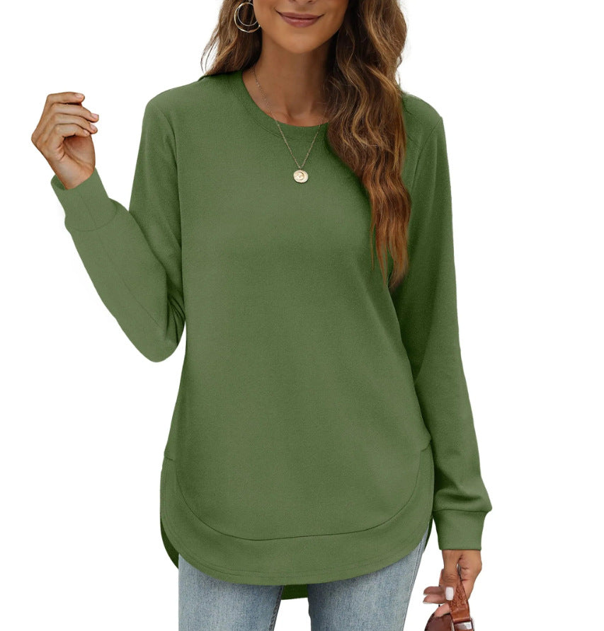 Long Sleeve Curved Hem Tunic Top - Green