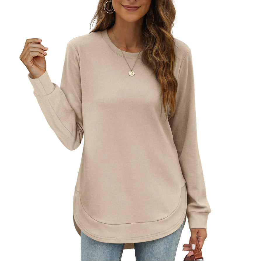 Long Sleeve Curved Hem Tunic Top - Khaki