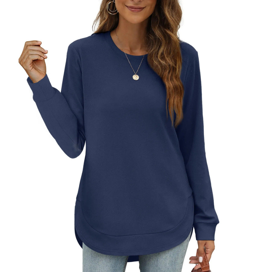 Long Sleeve Curved Hem Tunic Top - Navy_Blue