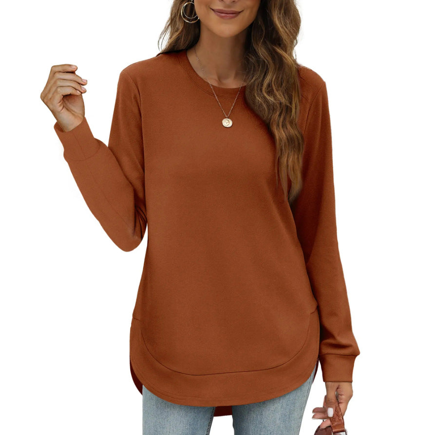 Long Sleeve Curved Hem Tunic Top - Orange_Red