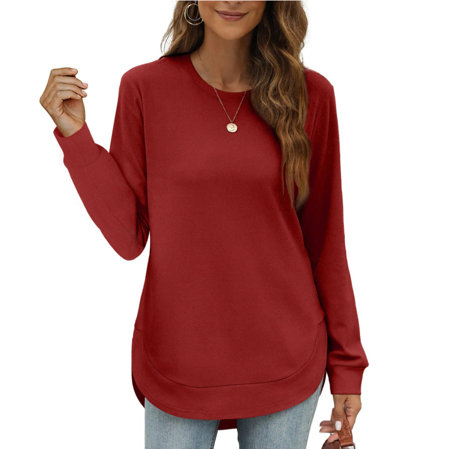 Long Sleeve Curved Hem Tunic Top - Red