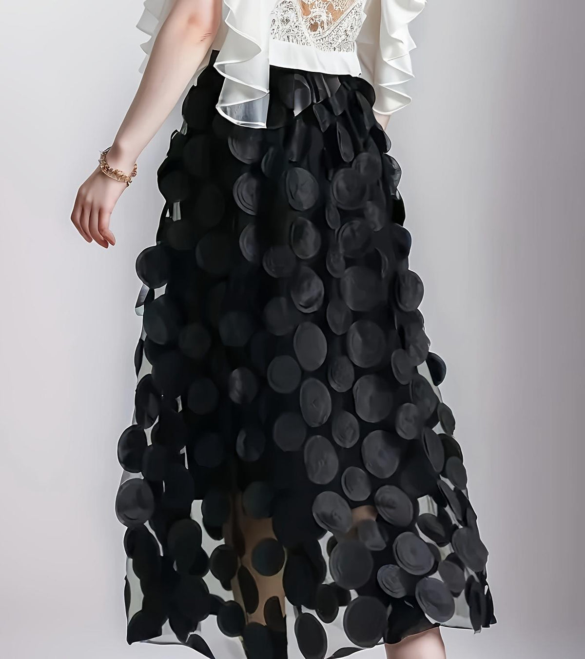 Textured Dot Tulle Midi Skirt With Full Hem - Black - 1
