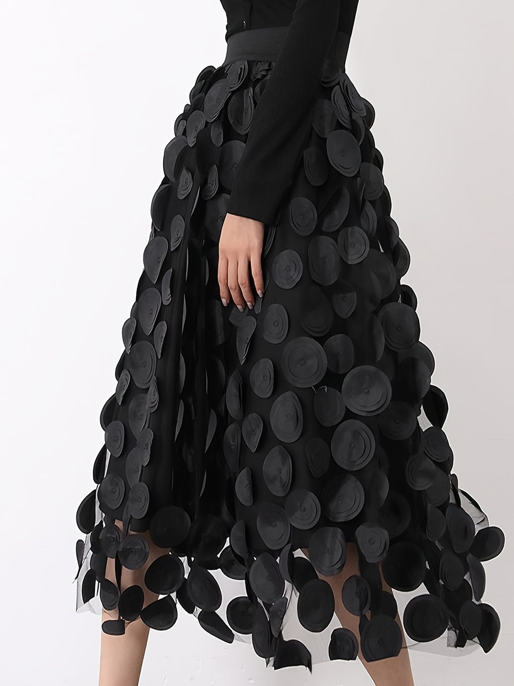 Textured Dot Tulle Midi Skirt With Full Hem - Black - 2