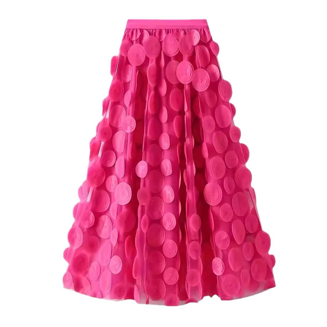 Textured Dot Tulle Midi Skirt With Full Hem - Rose_red