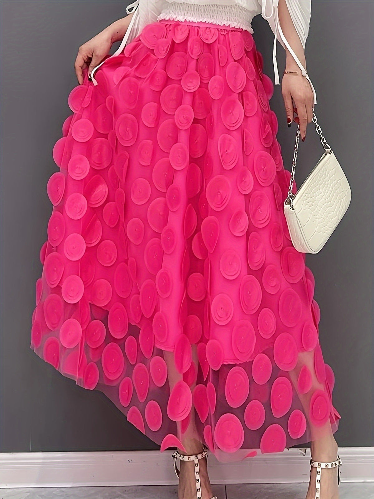 Textured Dot Tulle Midi Skirt With Full Hem - Rose_red - 1