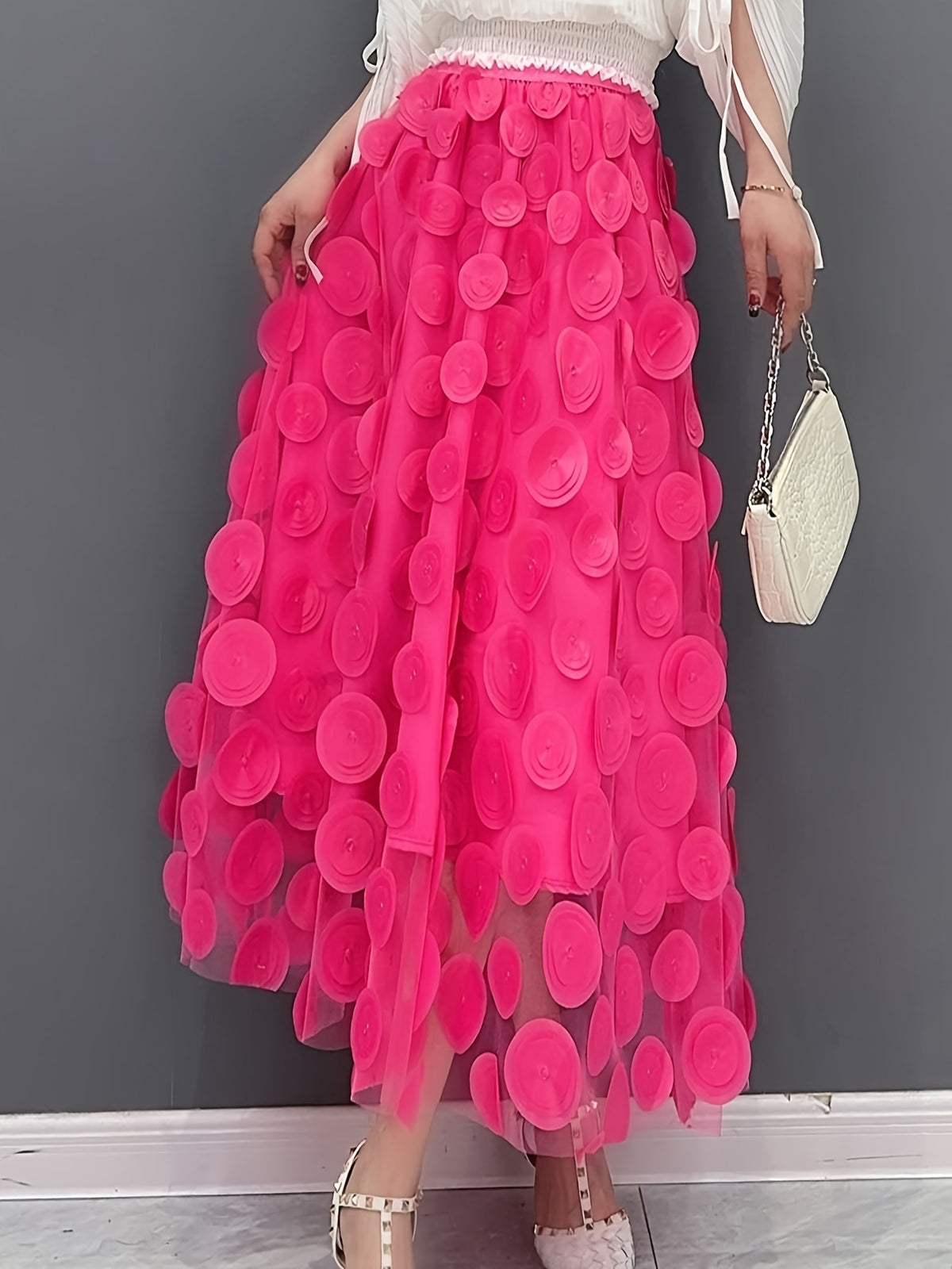 Textured Dot Tulle Midi Skirt With Full Hem - Rose_red - 2