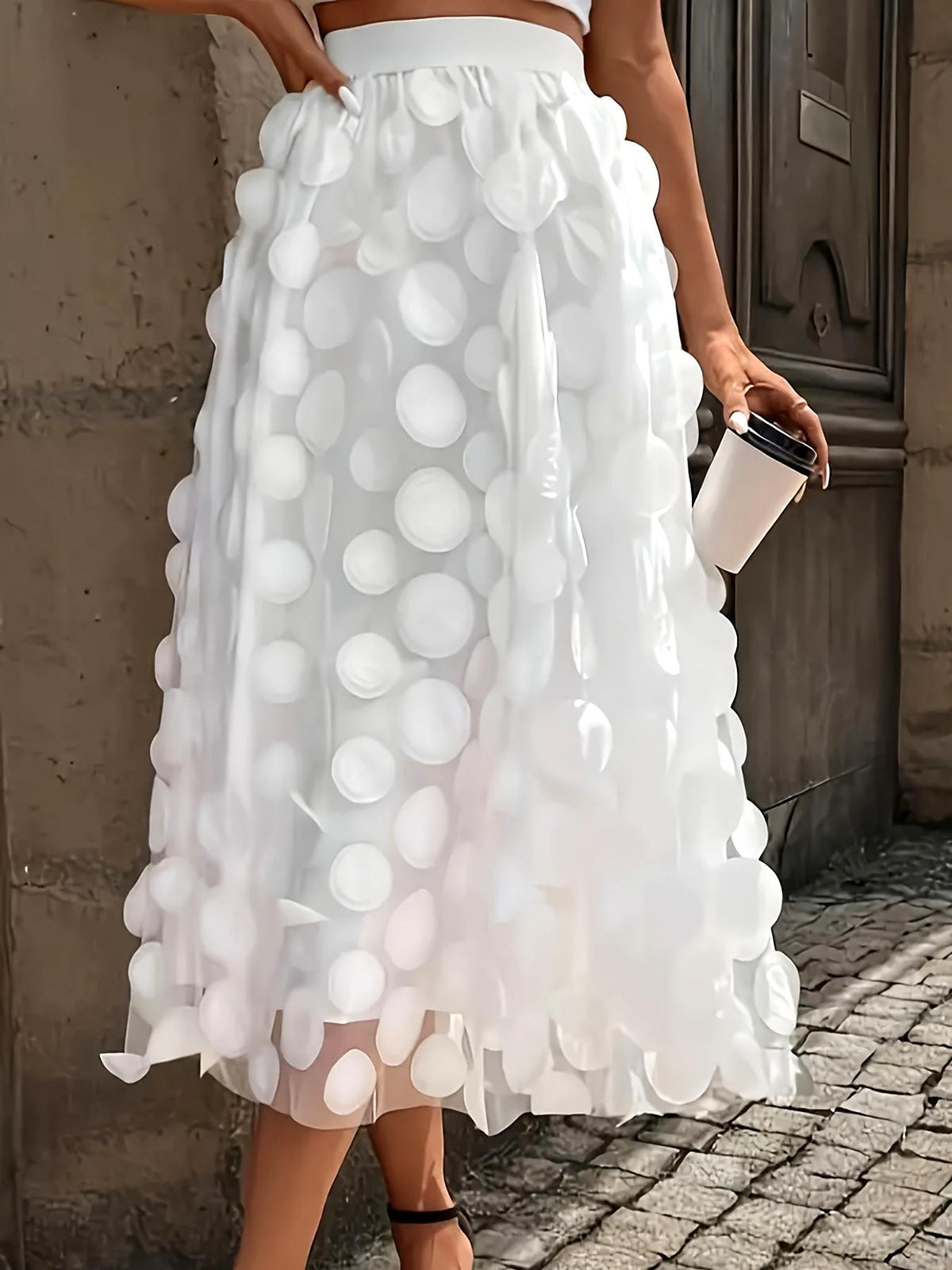 Textured Dot Tulle Midi Skirt With Full Hem - White