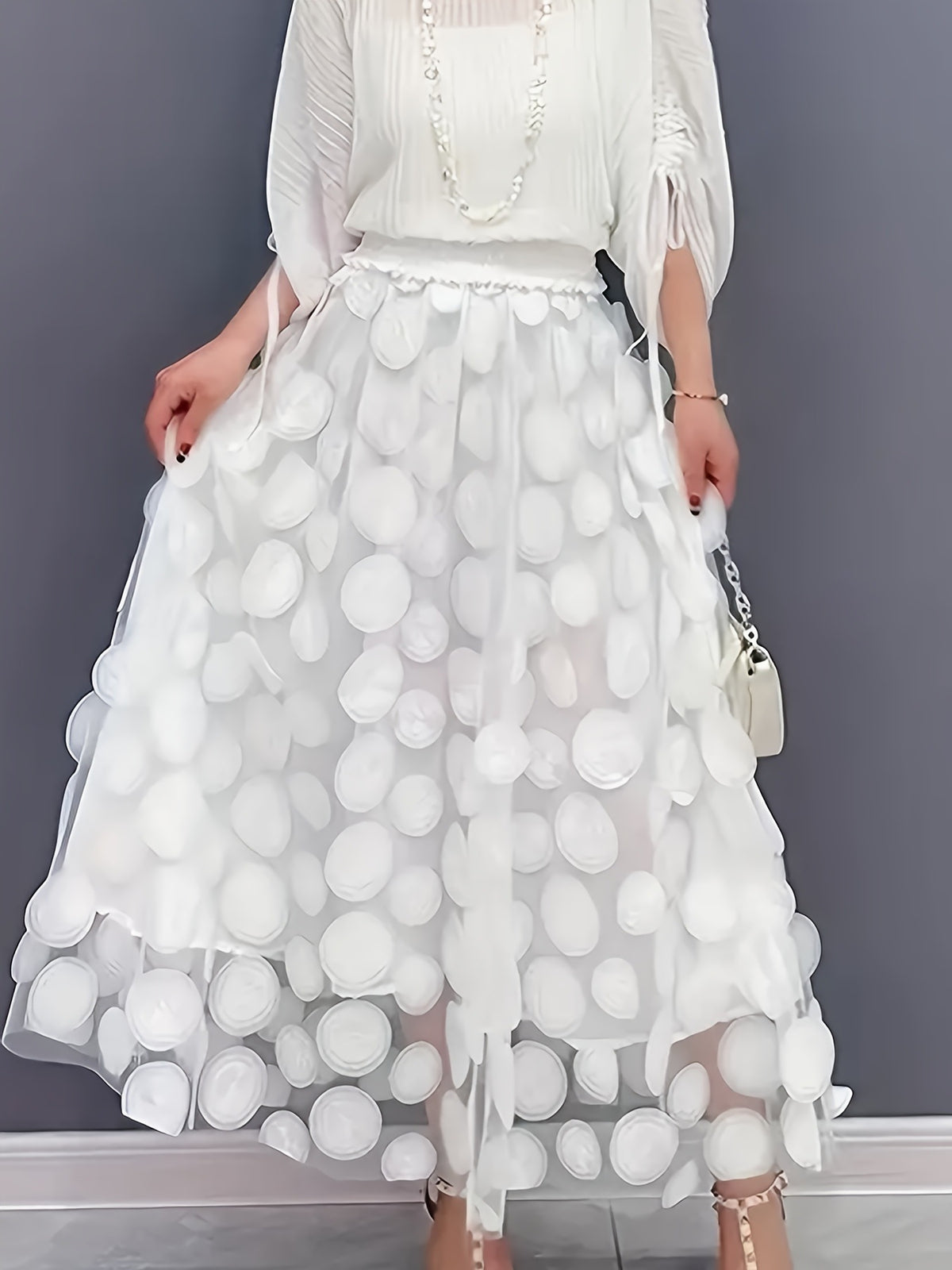 Textured Dot Tulle Midi Skirt With Full Hem - White - 1