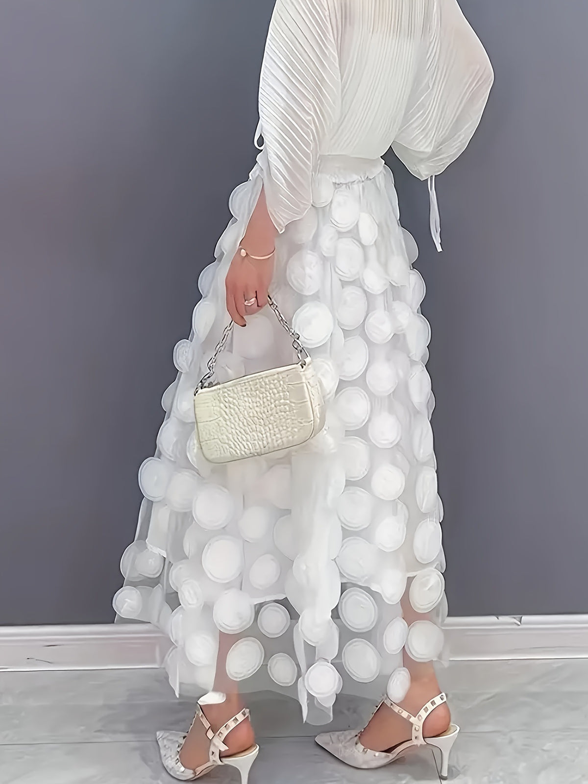 Textured Dot Tulle Midi Skirt With Full Hem - White - 2
