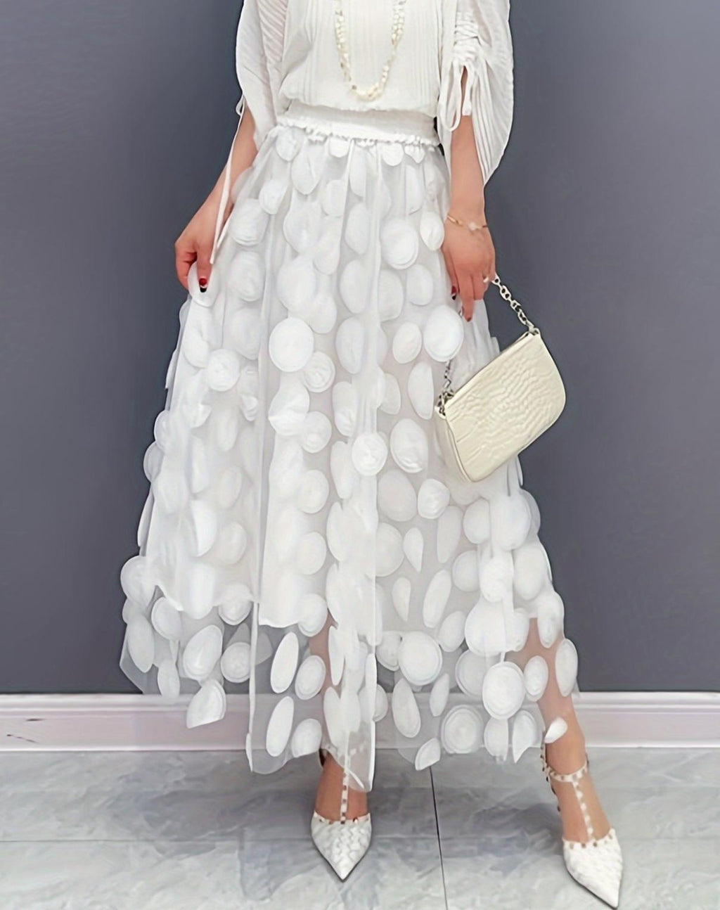 Textured Dot Tulle Midi Skirt With Full Hem - White - 3