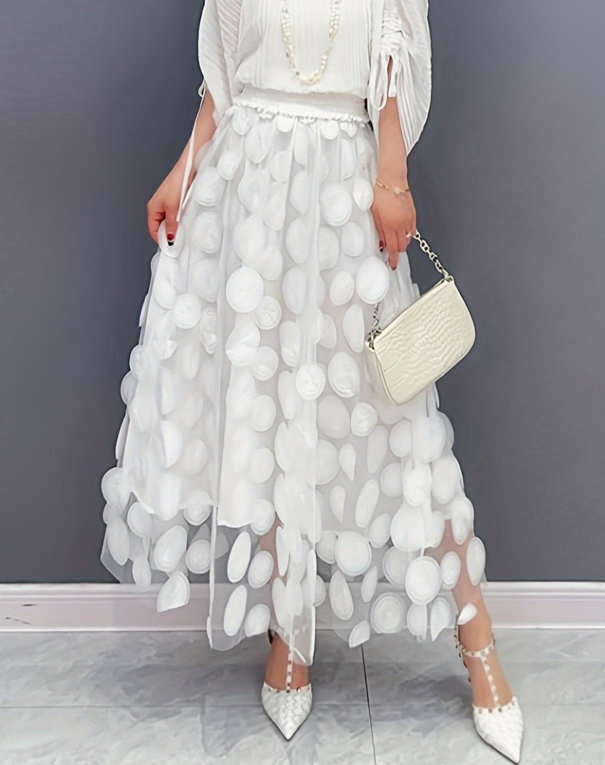Textured Dot Tulle Midi Skirt With Full Hem - White - 3