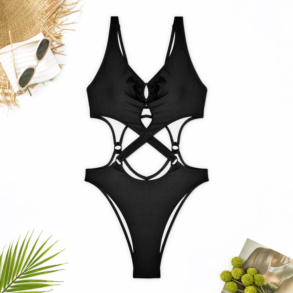 Cross Strap Ring Cutout Monokini - Black - 3