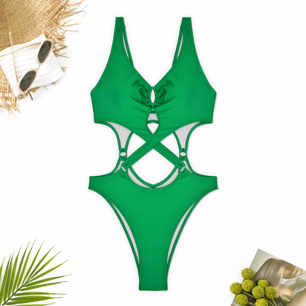 Cross Strap Ring Cutout Monokini - Green - 5