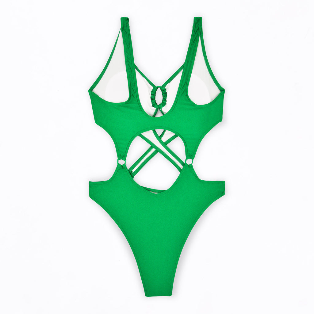Cross Strap Ring Cutout Monokini - Green - 6