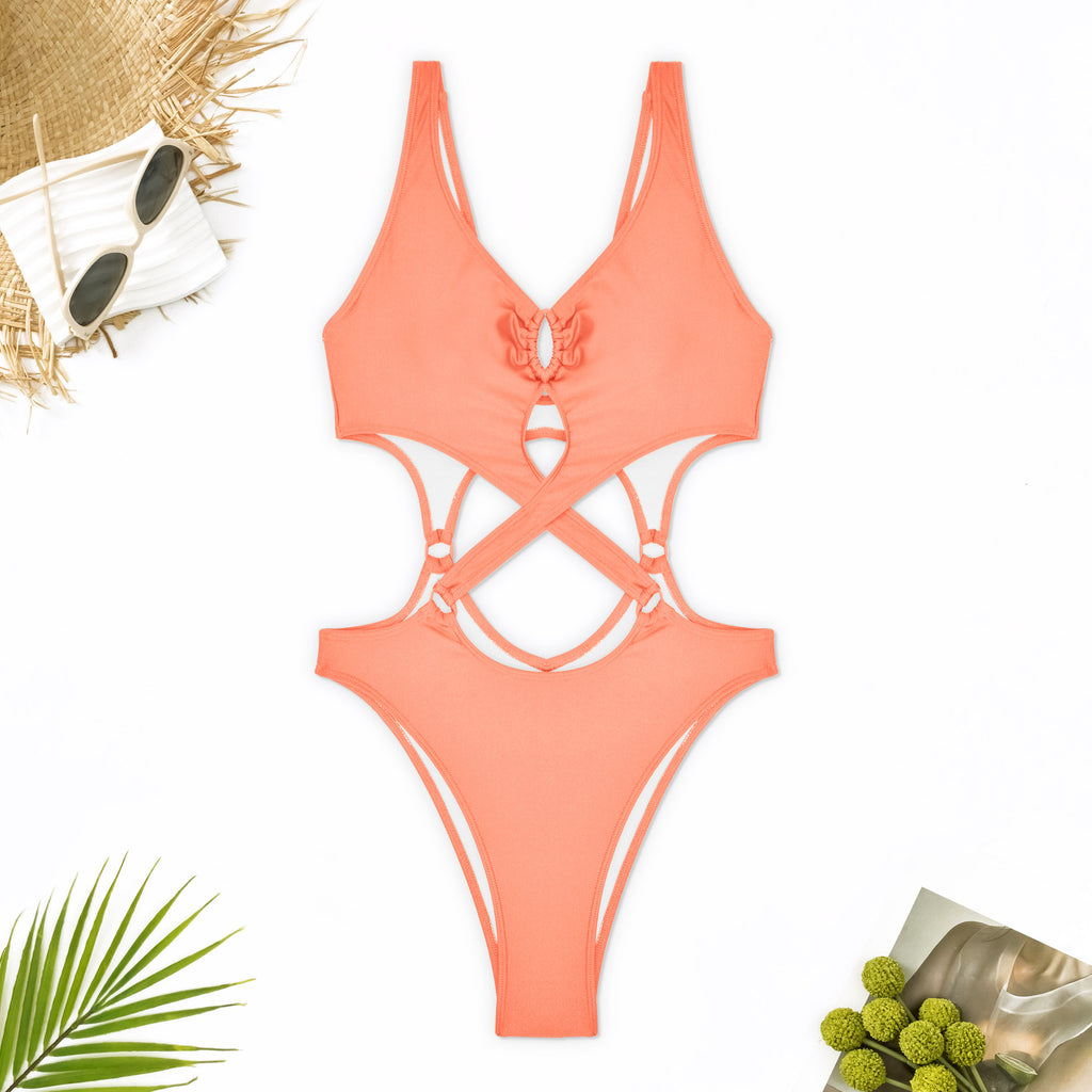 Cross Strap Ring Cutout Monokini - Pink - 3