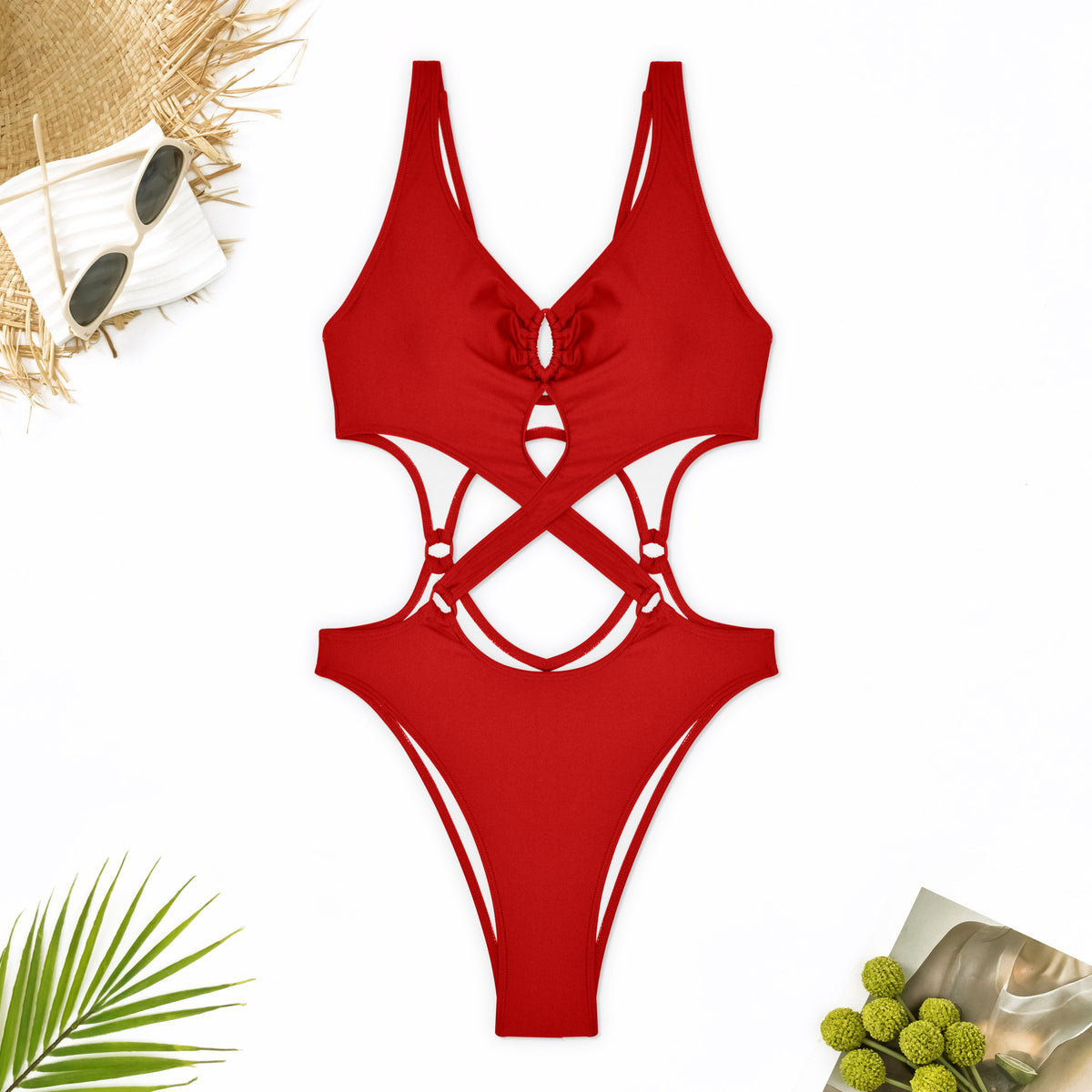 Cross Strap Ring Cutout Monokini - Red - 3