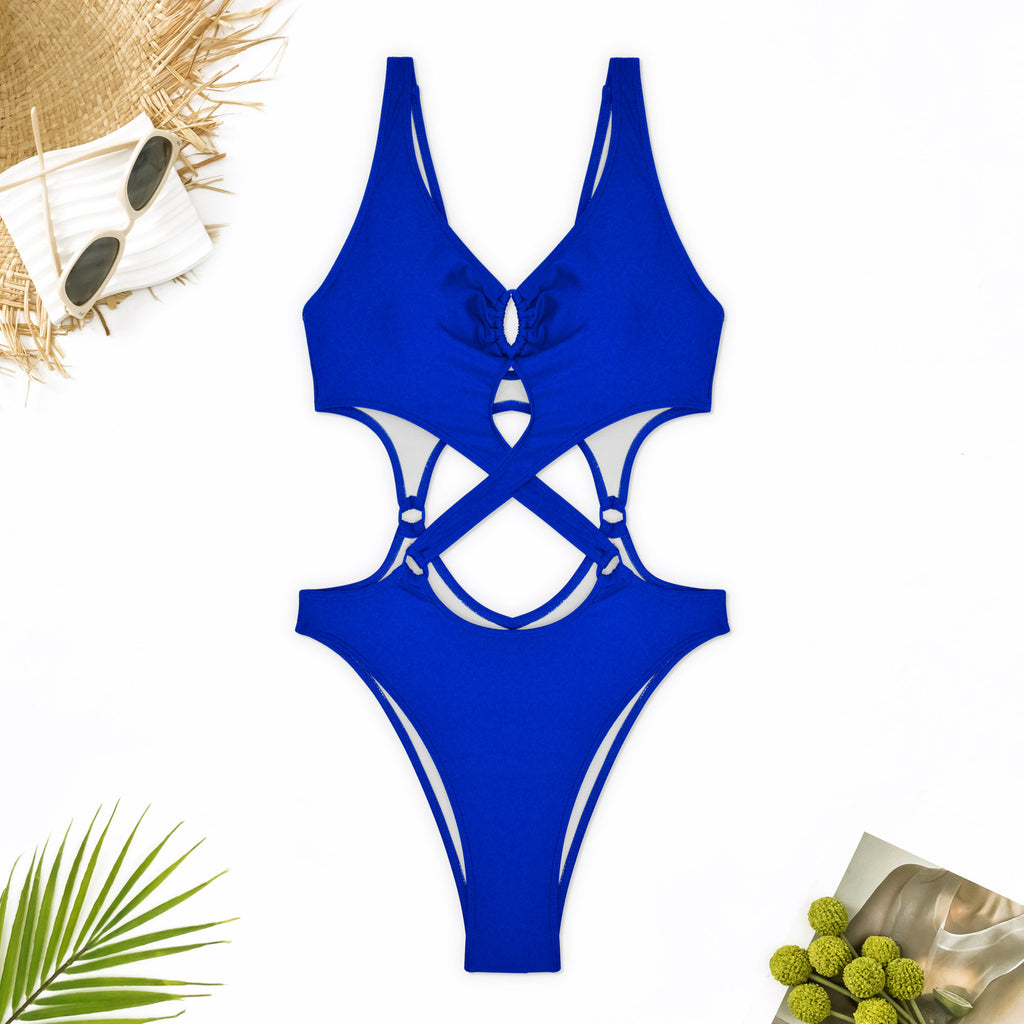 Cross Strap Ring Cutout Monokini - Royal - 3