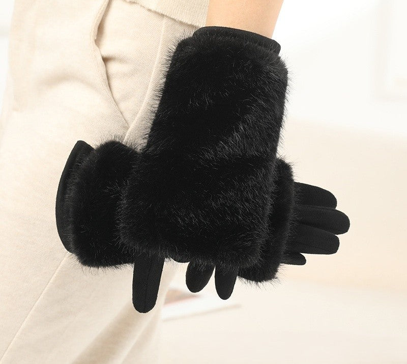 Plush Faux Fur Cuff Winter Gloves - Black
