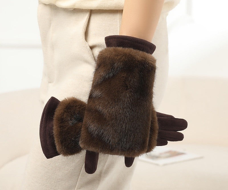 Plush Faux Fur Cuff Winter Gloves - Coffee