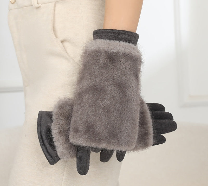 Plush Faux Fur Cuff Winter Gloves - Grey