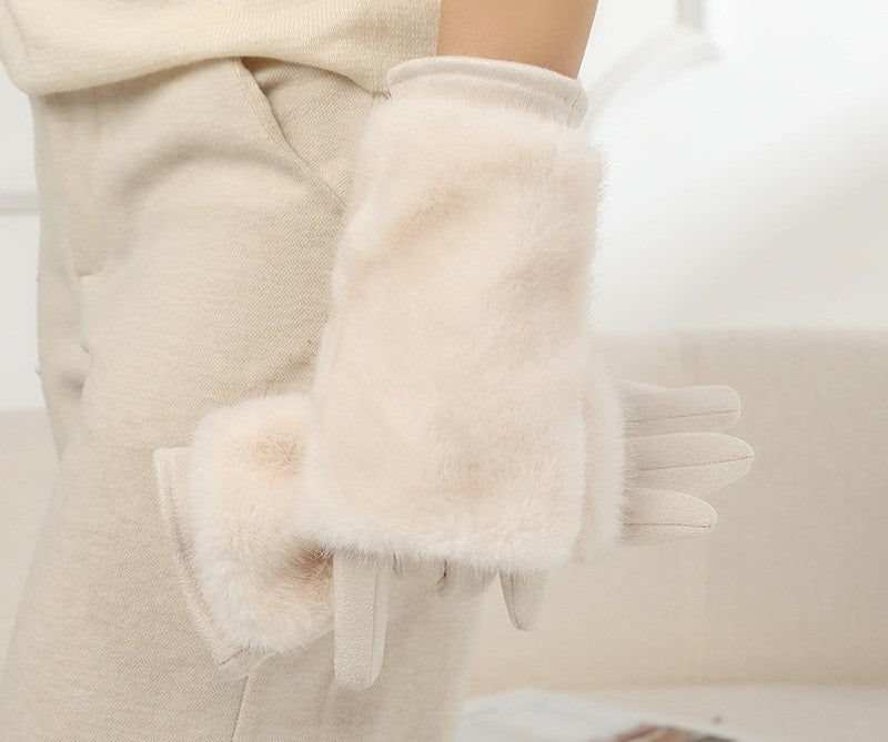 Plush Faux Fur Cuff Winter Gloves - OffWhite