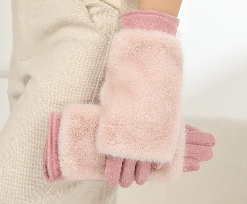 Plush Faux Fur Cuff Winter Gloves - Pink