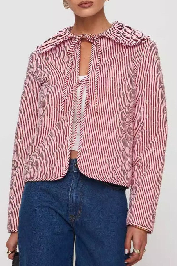 Big Collar Quilted Ticking Stripe Jacket - Pink