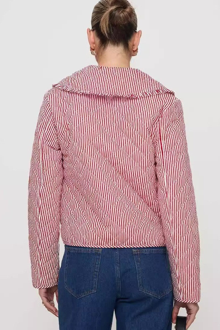 Big Collar Quilted Ticking Stripe Jacket - Pink - 1