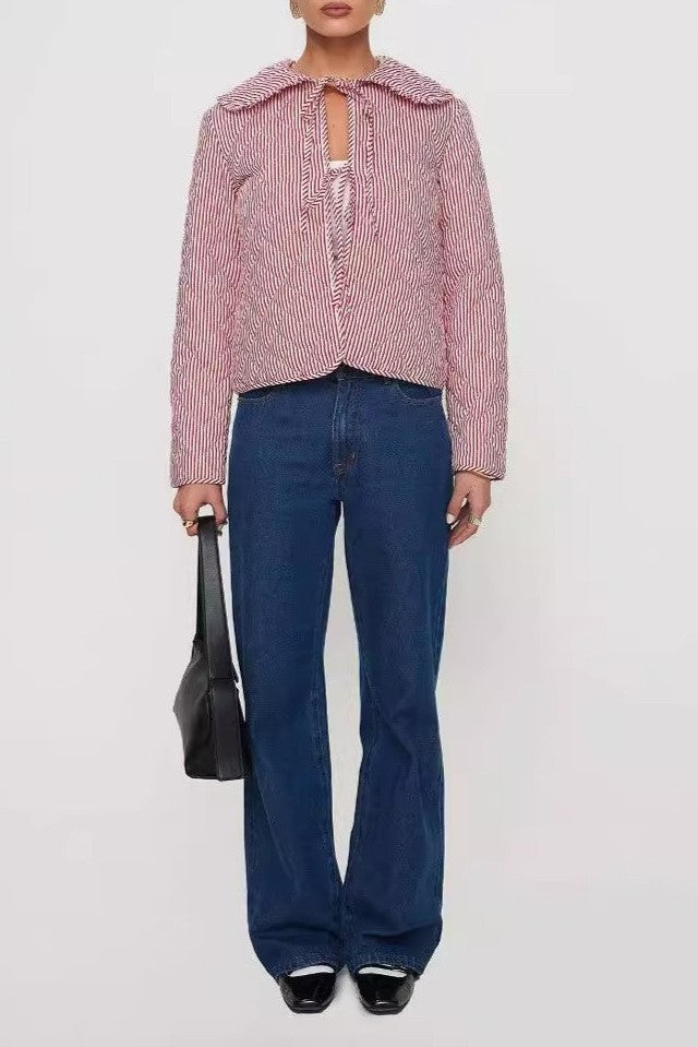 Big Collar Quilted Ticking Stripe Jacket - Pink - 2