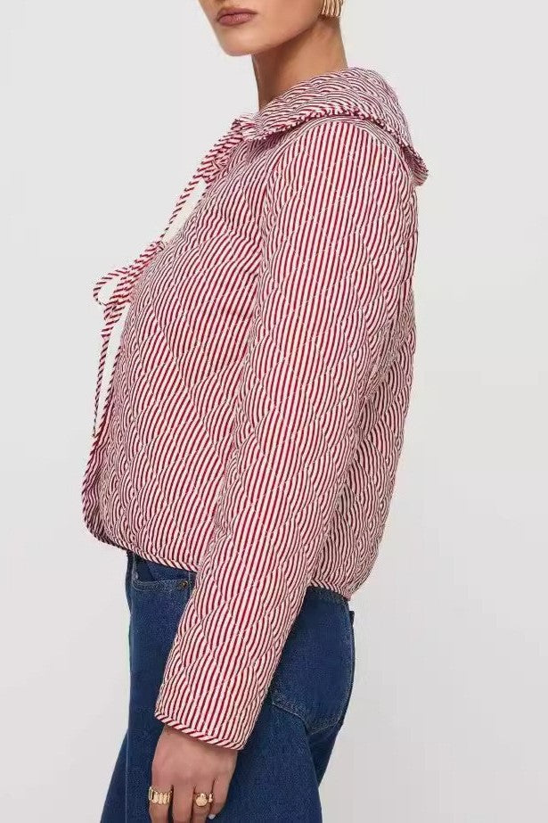 Big Collar Quilted Ticking Stripe Jacket - Pink - 3