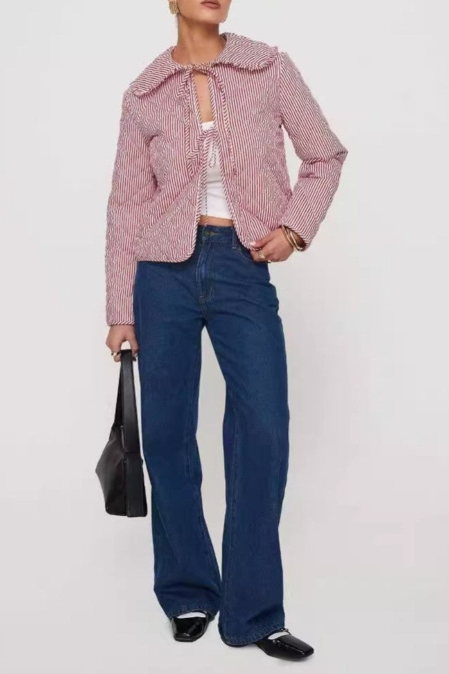 Big Collar Quilted Ticking Stripe Jacket - Pink - 4
