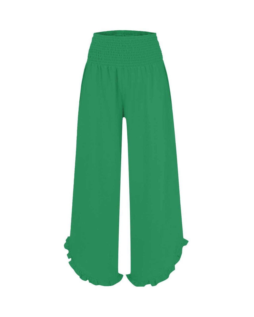 Ruffled Hem Palazzo Pants With Shirred Waist - GrassGreen