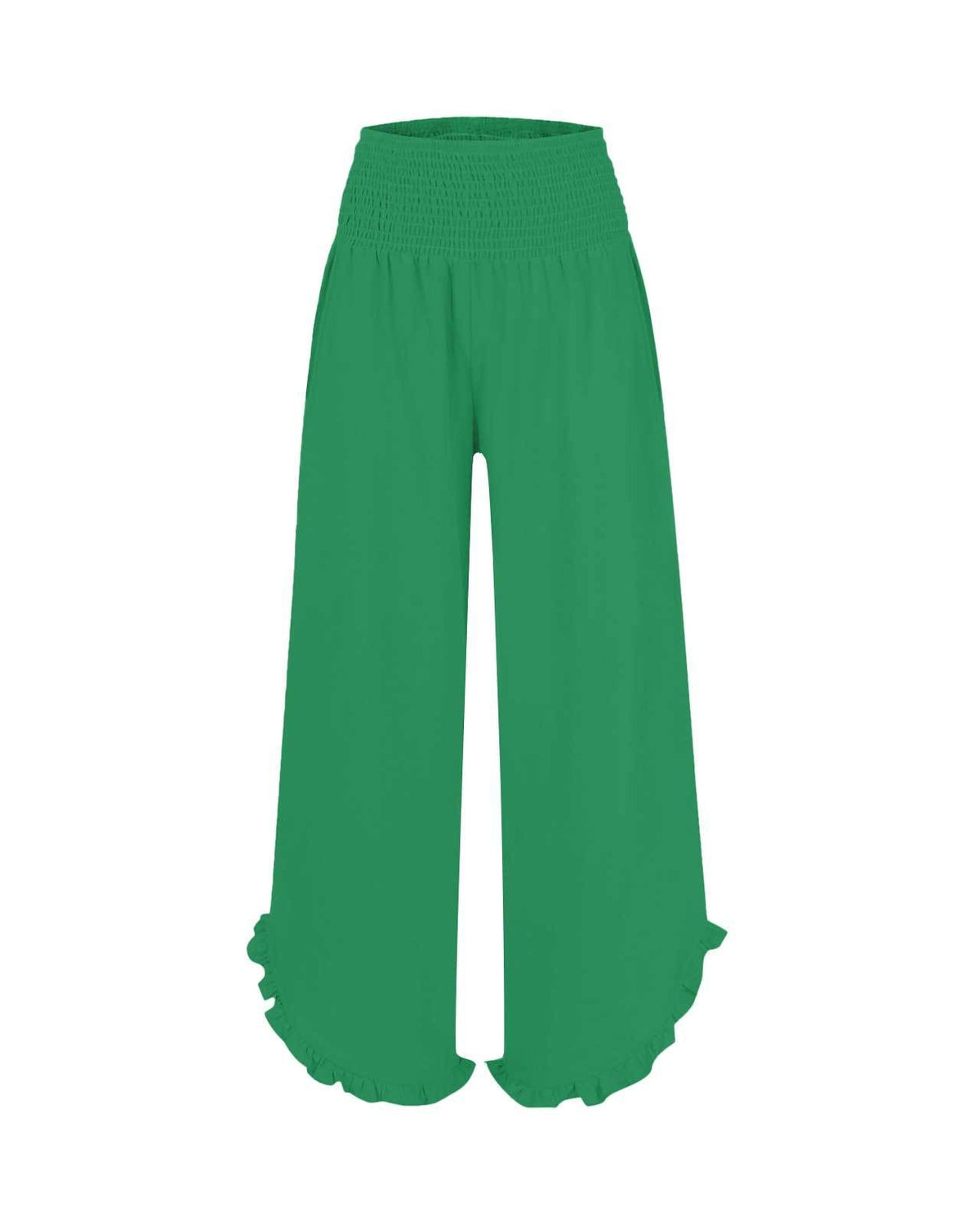 Ruffled Hem Palazzo Pants With Shirred Waist - GrassGreen