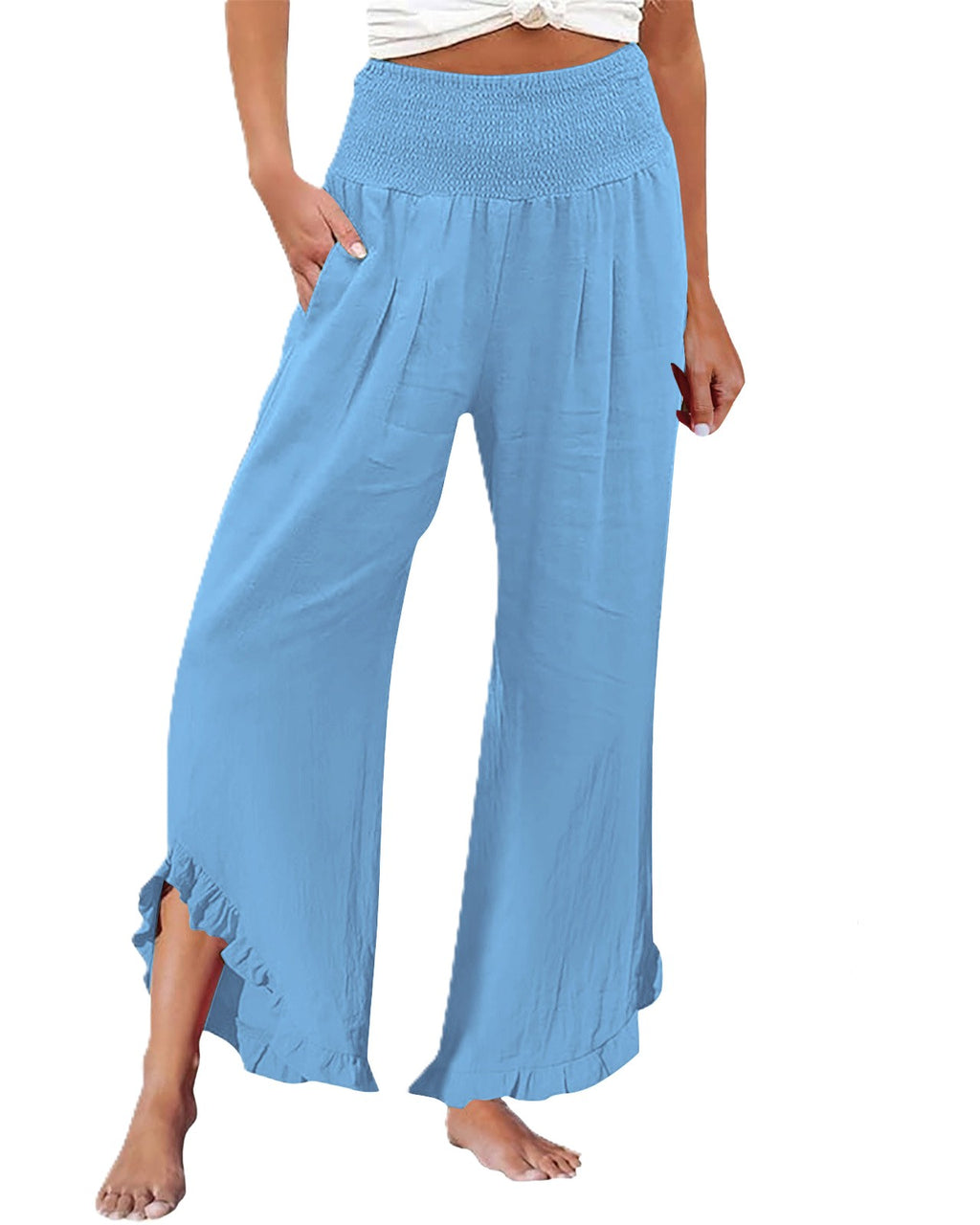 Ruffled Hem Palazzo Pants With Shirred Waist - Khaki