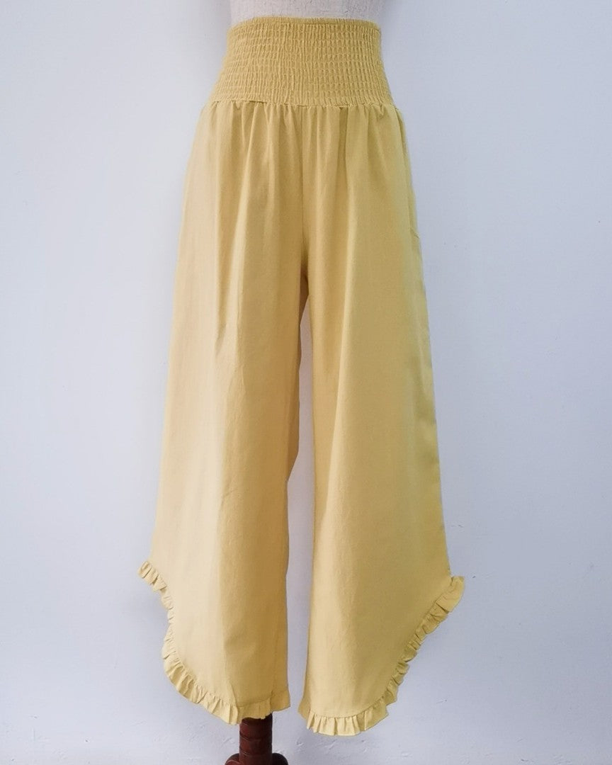 Ruffled Hem Palazzo Pants With Shirred Waist - Khaki - 1