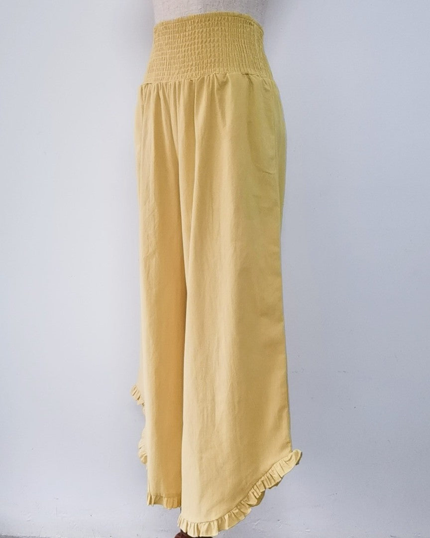 Ruffled Hem Palazzo Pants With Shirred Waist - Khaki - 2