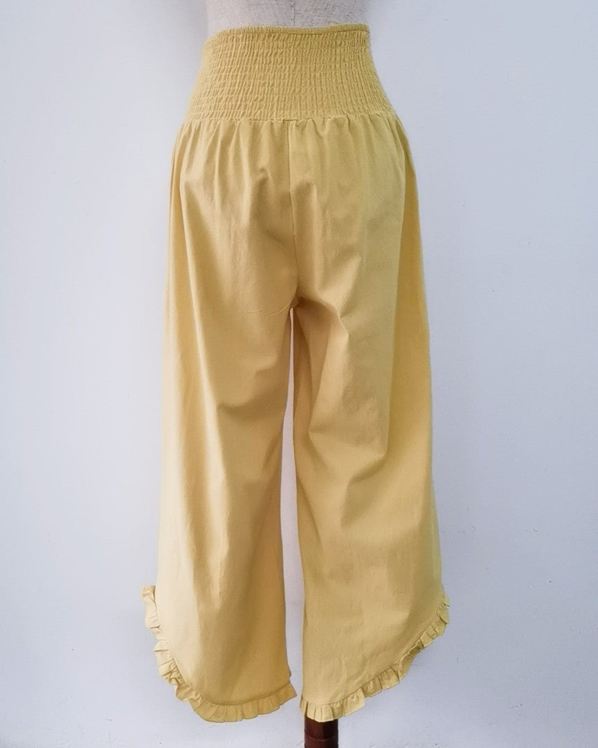 Ruffled Hem Palazzo Pants With Shirred Waist - Khaki - 3