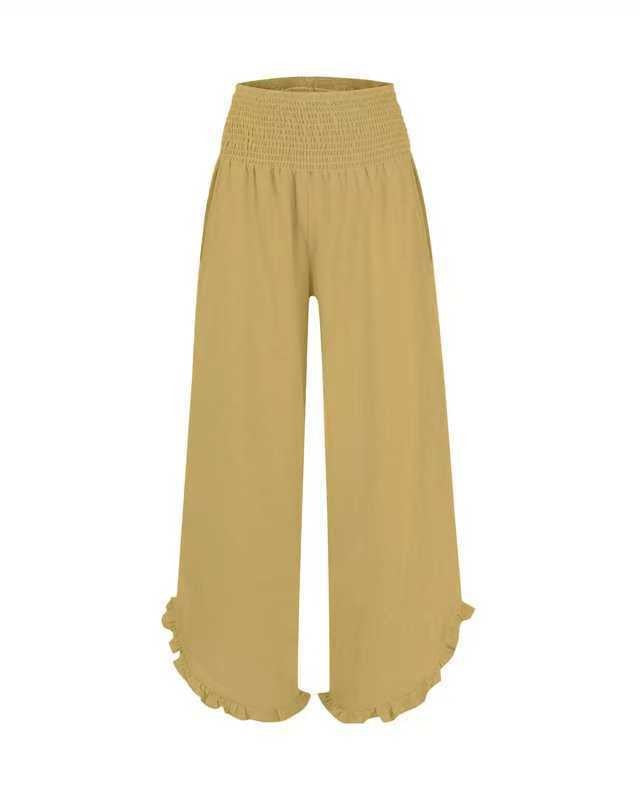 Ruffled Hem Palazzo Pants With Shirred Waist - Khaki - 4