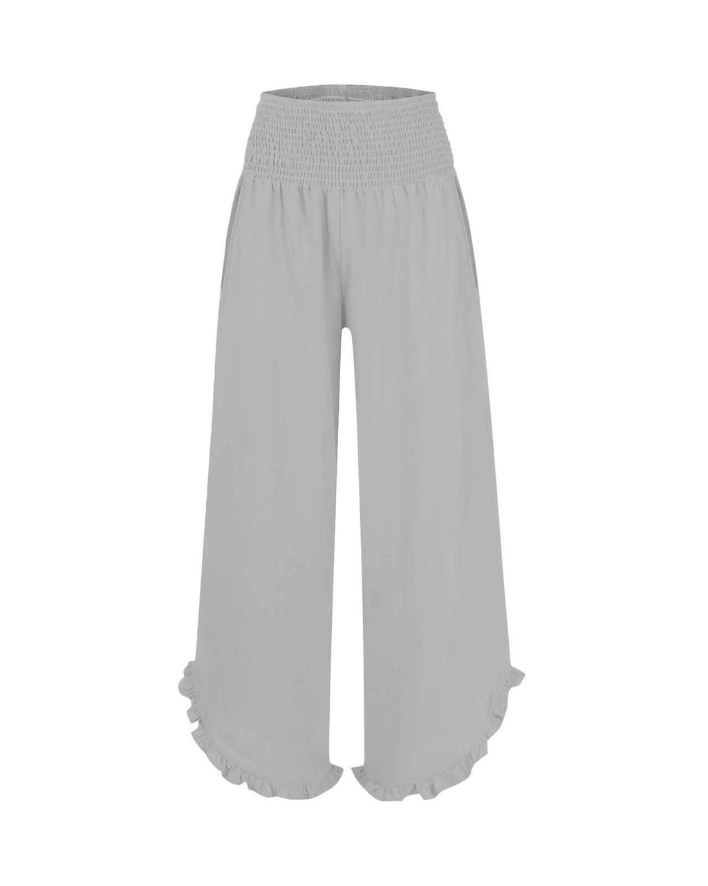 Ruffled Hem Palazzo Pants With Shirred Waist - Light-Gray